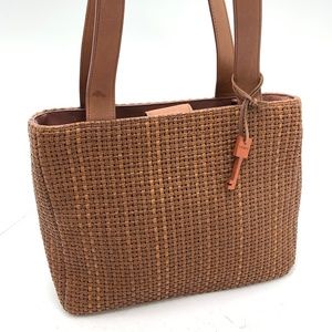 FOSSIL Boho Brown Woven Genuine Leather 75082 Wooden Key Tote Purse Shoulder Bag